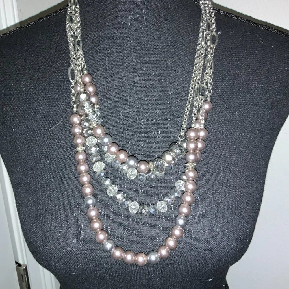 Julies B Multi Strands Gray AB Iridescent Beaded Silver Necklace